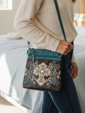 Teal and Brown Embroidered Crossbody Bag with Jeweled Cross Accent